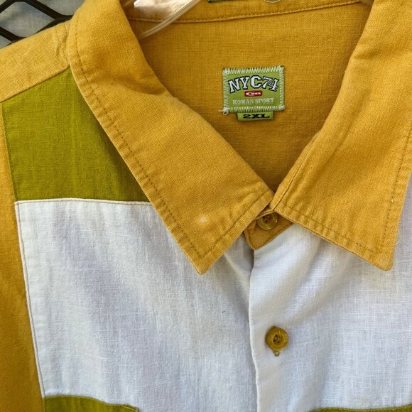 NYC74 Mens 2XL Patchwork Shirt & Pants Set Yellow Olive White Cotton Linen READ - Picture 4 of 9